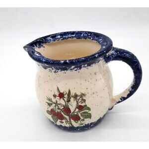 Blue Spongeware Trim Biege Speckled 5" Pitcher Red Raspberry Handmade For Shelly